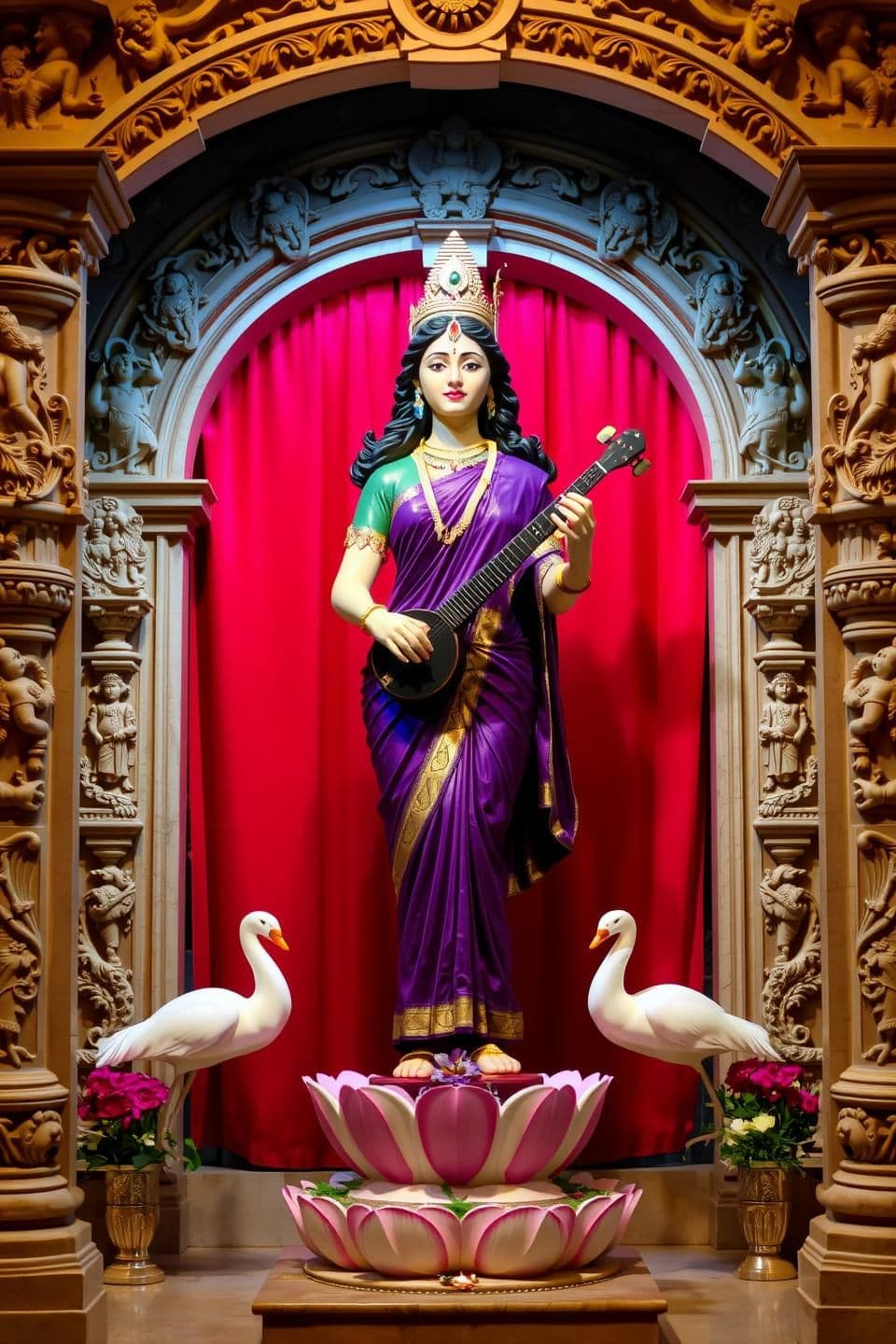 AI generated: A full-length statue of Saraswati, the Hindu goddess of knowledge, music, arts, wisdom, and learning, stands in the center of the frame. She is depicted as a young, light-skinned w