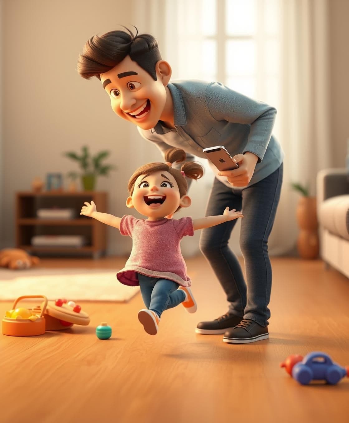 AI generated: Create a 3D-style animated image of a small girl running joyfully toward her father with open arms. The father bends slightly forward with a big smile, ready to lift her, while sti
