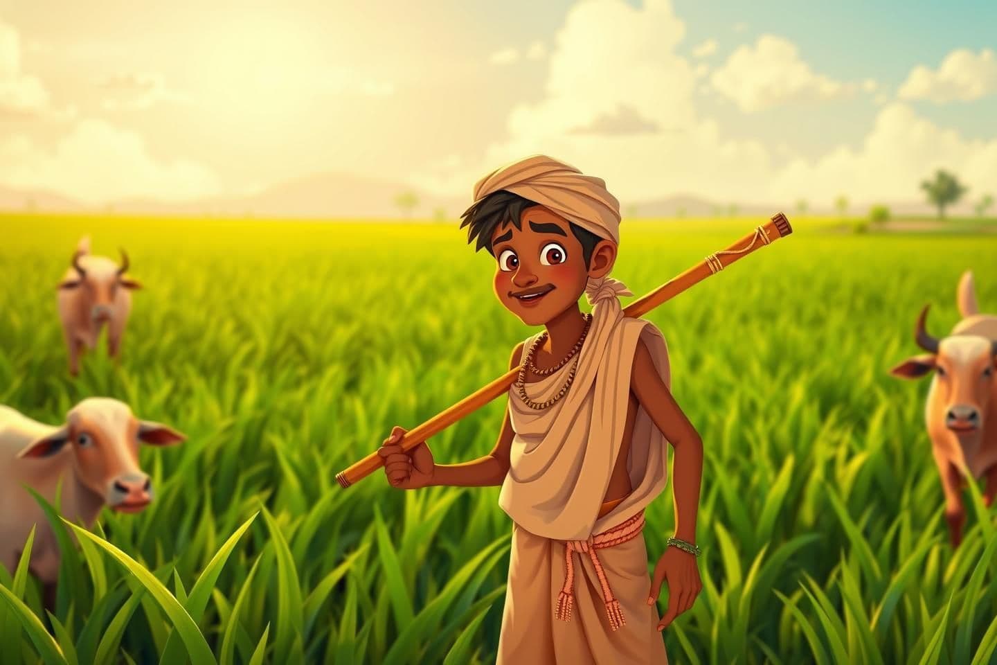 AI generated: 16:9 cartoon style, young Raja working in green fields under sunlight, guiding cows or goats with a stick. His clothes are simple and dusty, his face shows determination. Indian ru