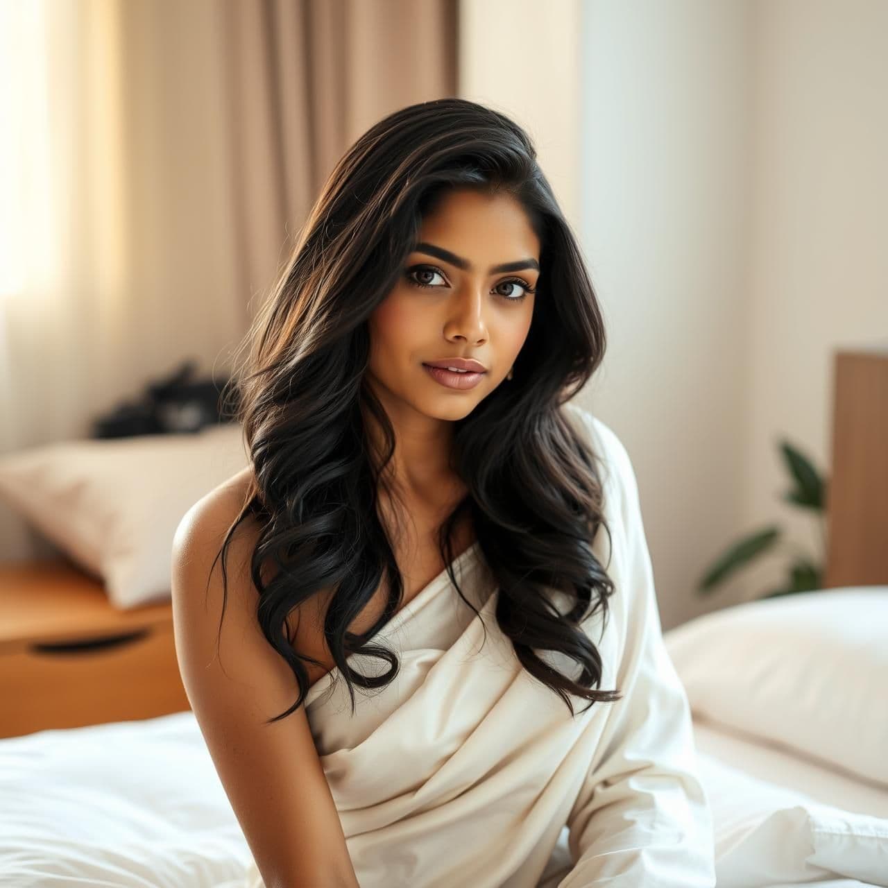 AI generated: Portrait of a beautiful young Indian woman wearing an silk white saree. No blouse. She has long wavy black hair cascading over one shoulder to chest. natural makeup, and visible sk