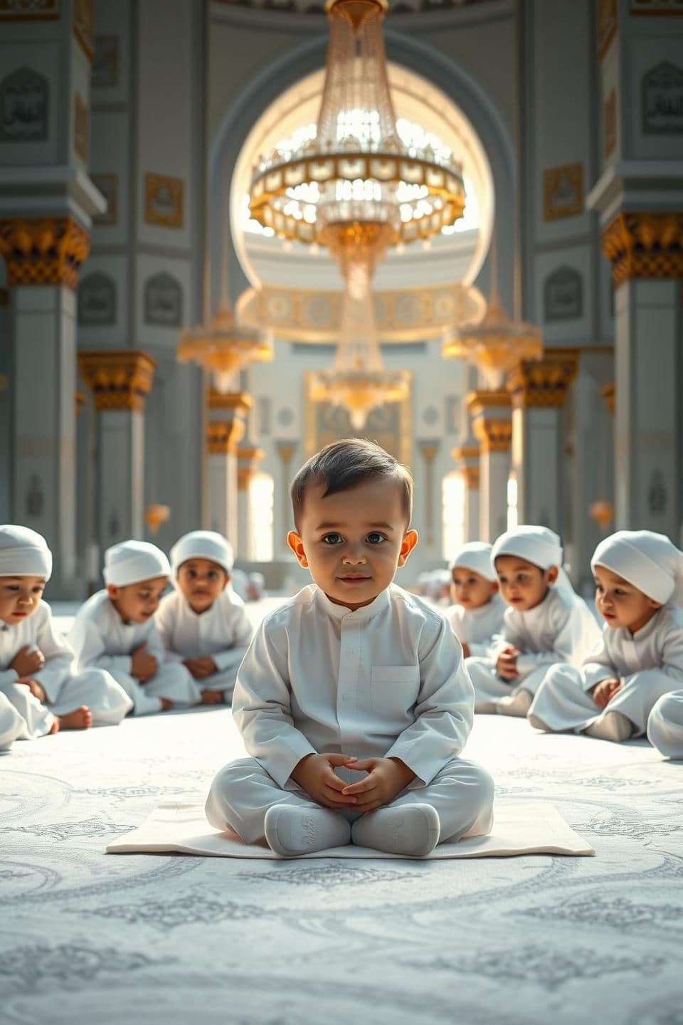 AI generated:
“A hyper-realistic, crystal-clear 8K vertical cinematic Islamic scene inside Masjid-e-Nabawi.
In the center, a 1-year-old extremely cute Muslim baby boy is sitting gracefully on a