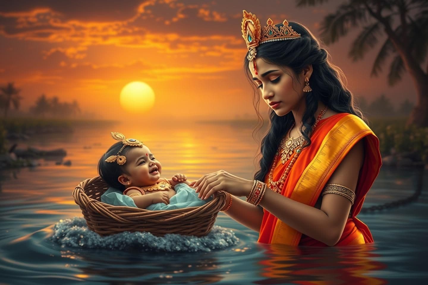 AI generated: Beautiful 14 years old princess kunthi crying with golden red color saree, golden crown on head, golden necklace and golden bangles to hand in the sunset background abandoning her