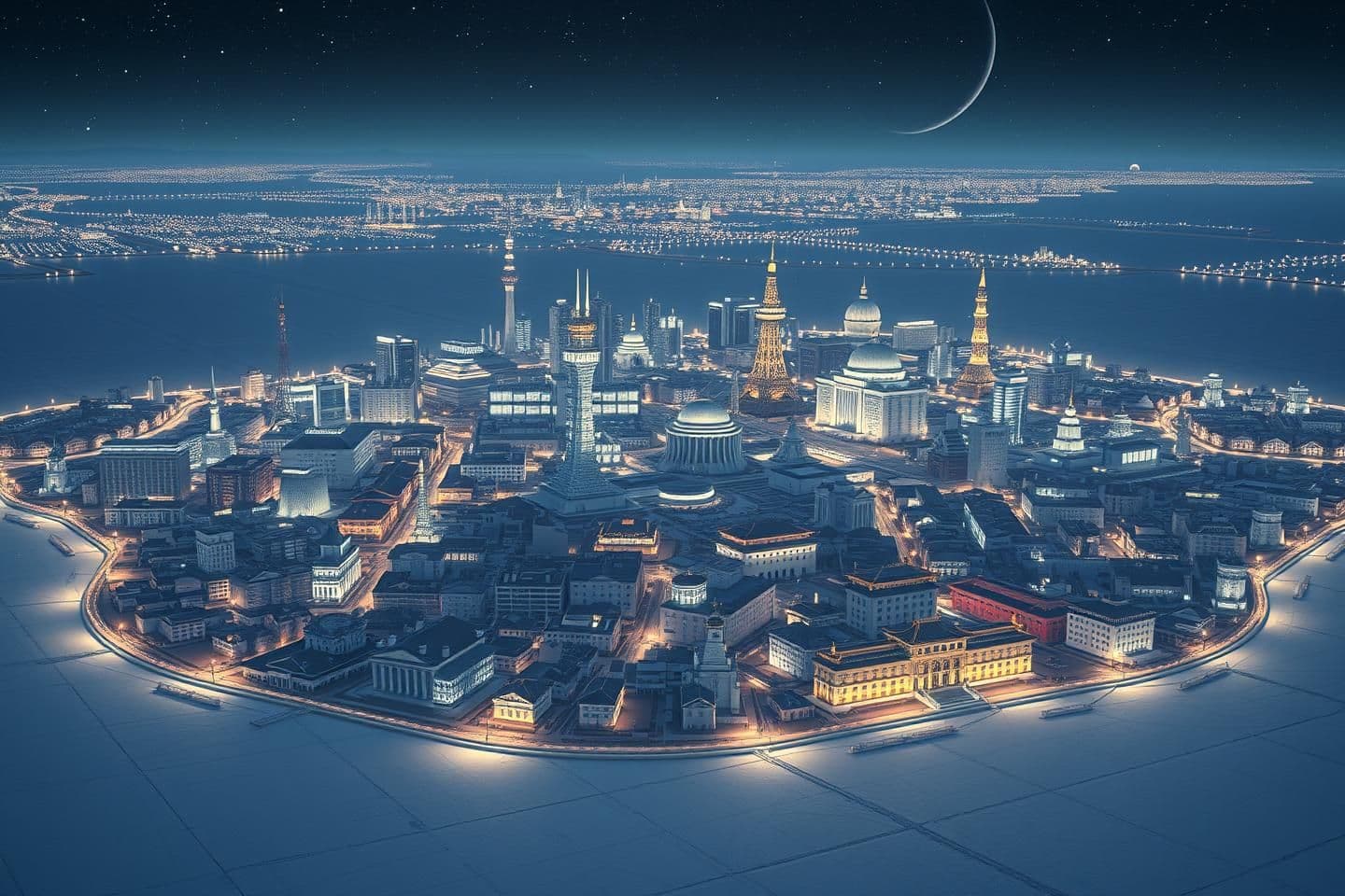 AI generated: Make a few images of a sprawling vast capital city in the middle of a vast salt flat at night. The city should have buildings that look modern and almost like ivory but should have