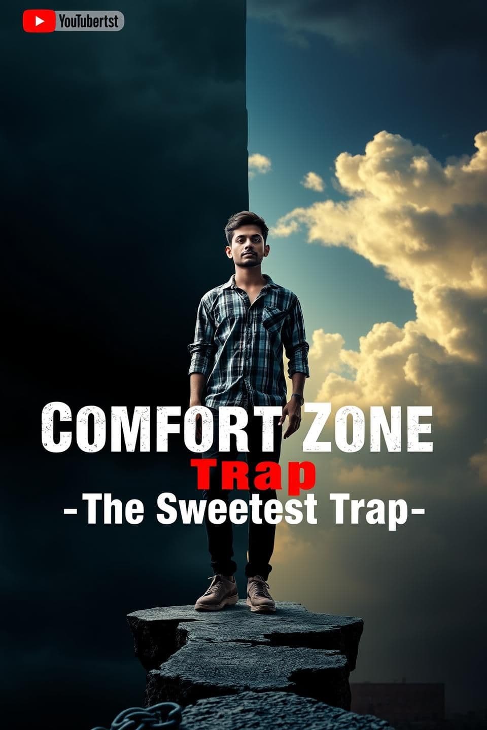 AI generated: "A cinematic, motivational YouTube Shorts thumbnail for 1–2 minute clip “Comfort Zone ka Trap”. Show a young man standing on the edge of a broken bridge: one side dark, dull, repet