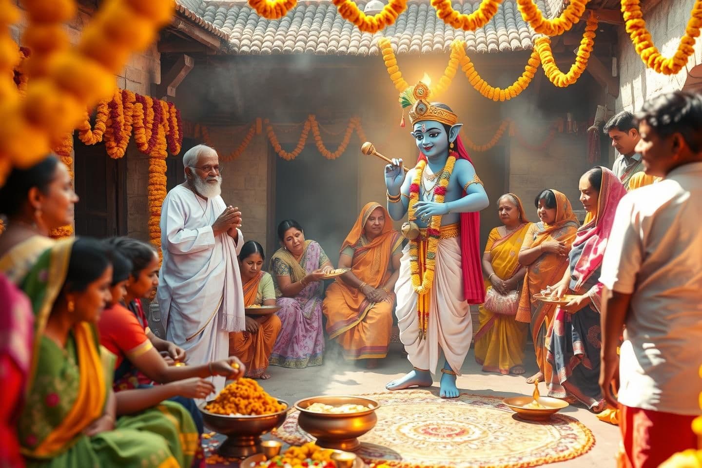 AI generated: “Kunvarbai nu Mameru ceremony scene in a traditional Gujarati village courtyard, decorated with marigold flowers, torans, brass lamps, rangoli. Women wearing colorful ghaghra-choli