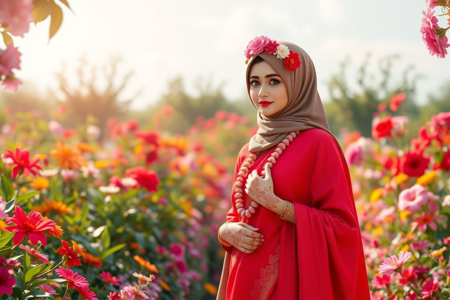 AI generated: A stunning 3D-rendered scene of a beautiful lush garden filled with colorful flowers, soft sunlight, gentle breeze, and a peaceful environment. In the middle of the garden stands a