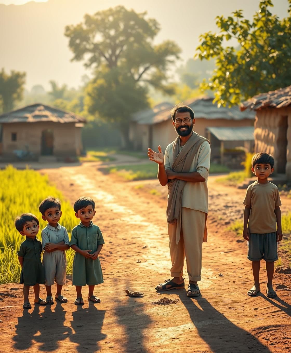 AI generated: A beautiful rural Indian village scene in warm golden sunlight. A line of children standing from youngest to oldest, showing clear growth stages — a small toddler, then a slightly