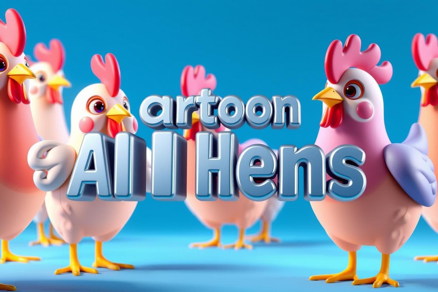 AI generated: Create a 1280×720 YouTube thumbnail in 3D cartoon style. Bright blue background, vibrant lighting. Show cute 3D cartoon hens with slight futuristic AI details (glowing lines, soft