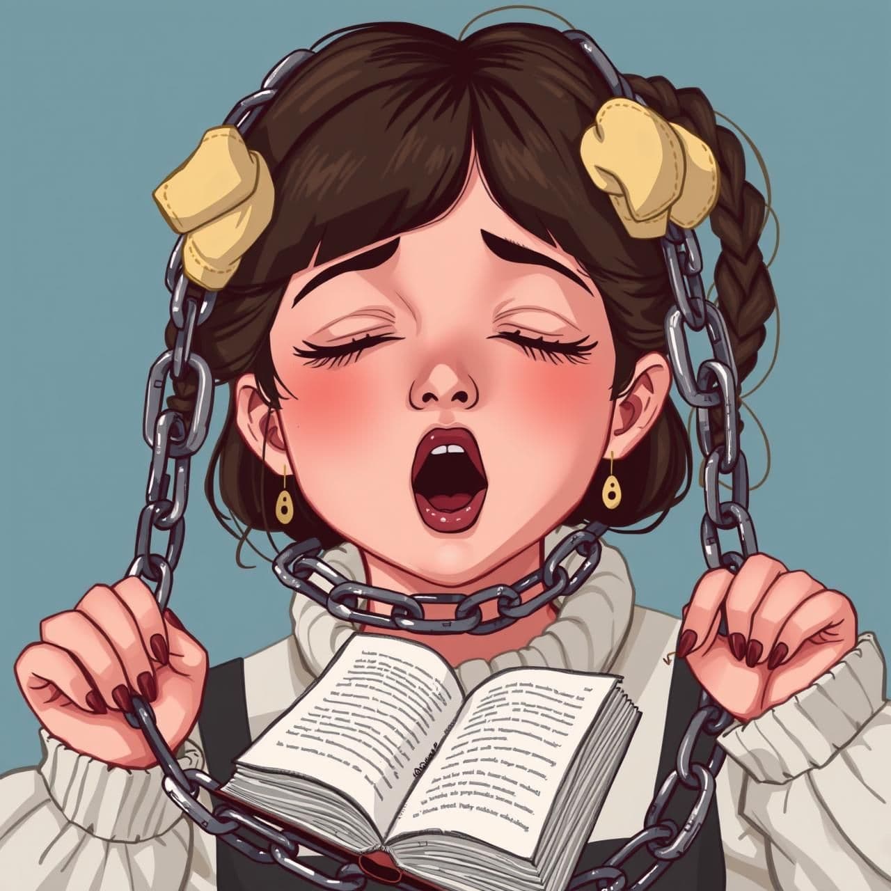 AI generated: So I'm imagining something like this.... A girl with chains around her.... Especially her mouth and hands.... A book freeing her .... Something like that .... Can you create some i