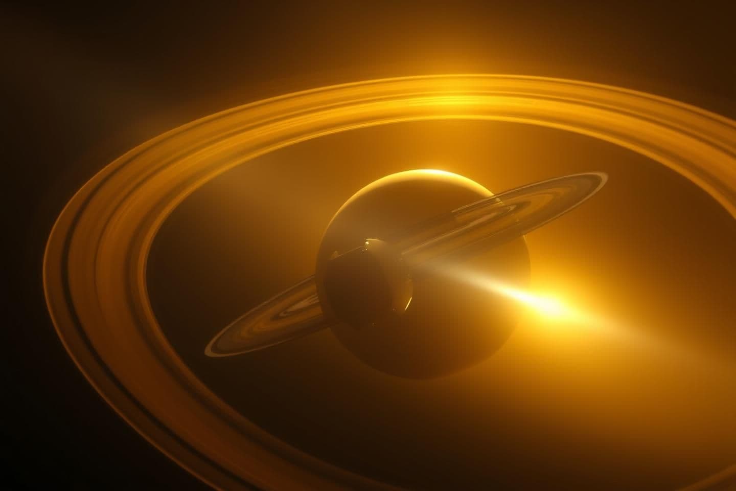 AI generated: A majestic cinematic view of Saturn and its glowing rings as the Pioneer spacecraft approaches. The golden sunlight reflects beautifully off the icy rings, creating a breathtaking