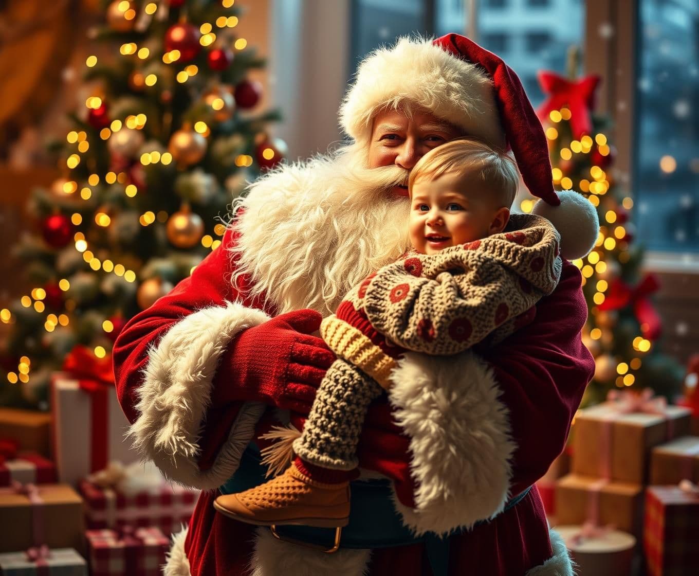 AI generated: A heartwarming Christmas scene featuring Santa Claus in a traditional red suit with a fluffy white beard, gently holding a young child in his arms. Santa is smiling warmly while th
