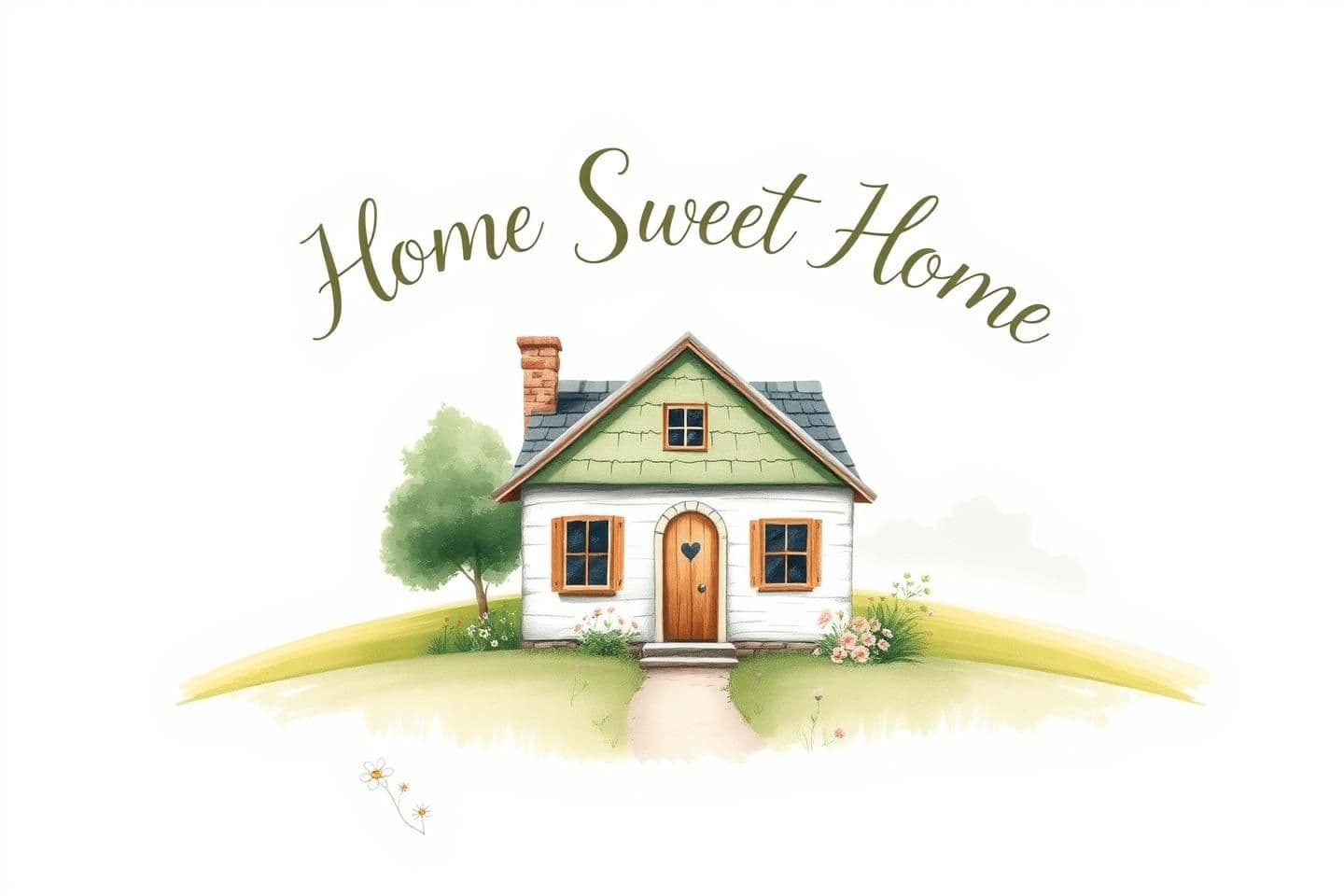 AI generated: A serene design capturing the essence of cottagecore with a whimsical touch, featuring a quaint, hand-painted country cottage surrounded by soft green fields and faded floral accen