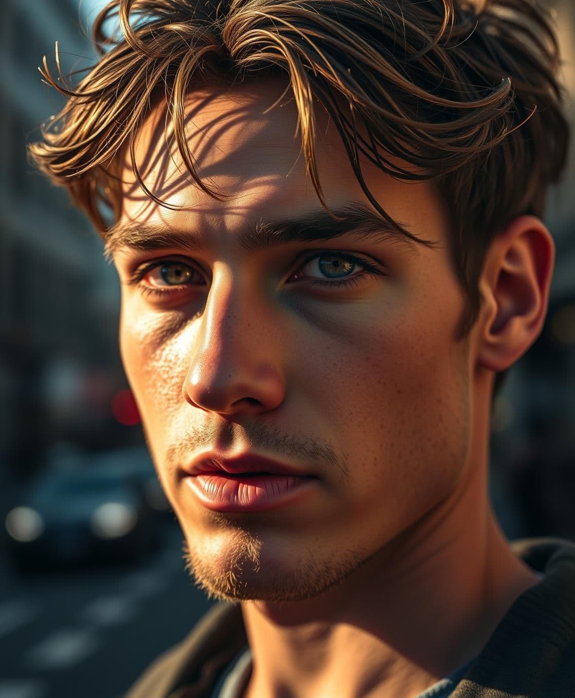 AI generated: Ultra-realistic close-up portrait of a handsome young man with messy brown hair and hazel eyes, 25 years old. Golden hour natural sunlight hitting the side of his face, creating so