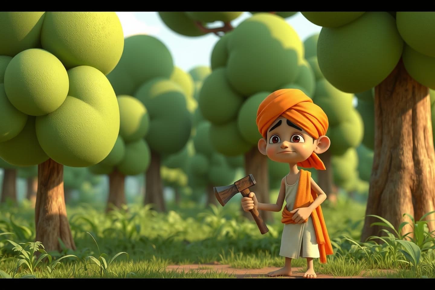 AI generated: "A simple, cheerful 3D cartoon image. A skinny, slightly sad Indian woodcutter in a bright orange turban and a simple white kurta. He is standing in a lush, green forest with big,