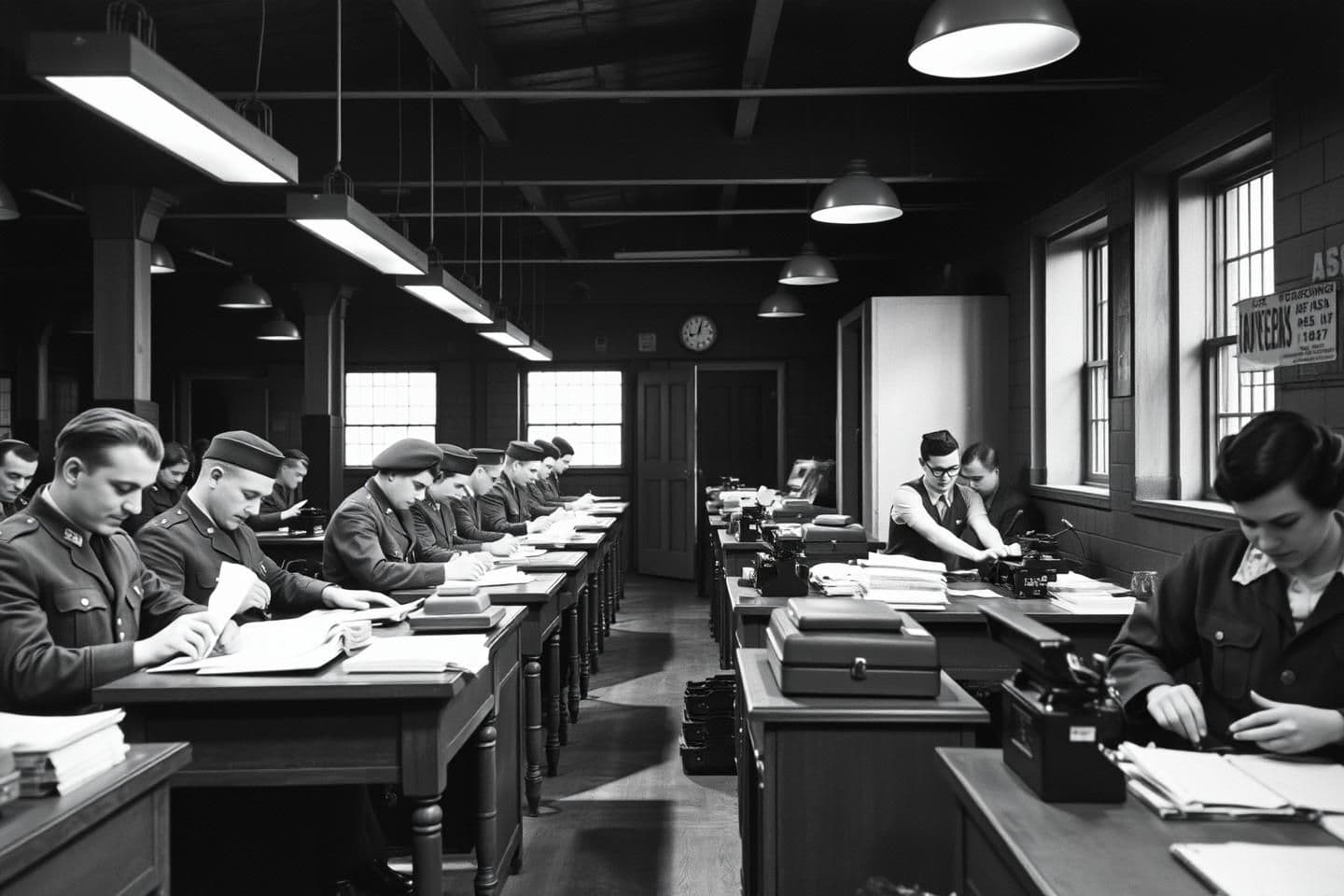 AI generated: Inside a POW processing station, German officers sit stiffly at wooden desks while American clerks stamp papers, type forms, and record dog tags under harsh overhead lights, shot o