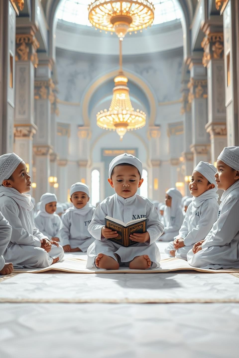 AI generated:
“A hyper-realistic, crystal-clear 8K vertical cinematic Islamic scene inside Masjid-e-Nabawi.
In the center, a 1-year-old extremely cute Muslim baby boy is sitting gracefully on a