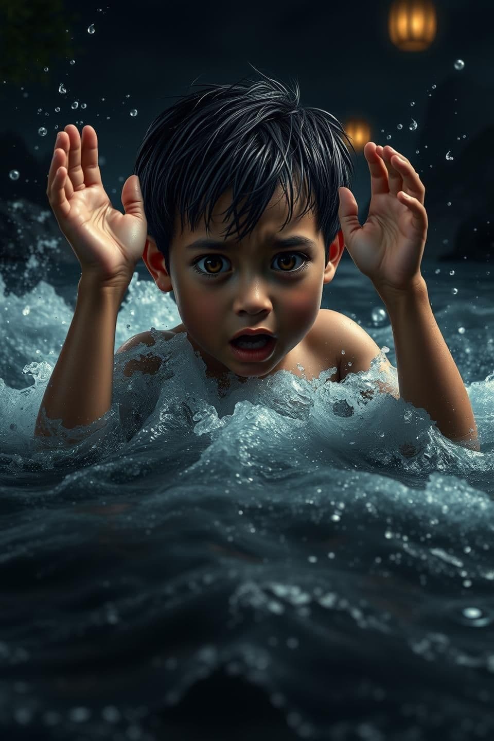 AI generated: A terrified 6–8-year-old village boy struggles in the fast-moving dark river, his wet hair sticking to his forehead, eyes wide with fear. His small hands splash desperately above t