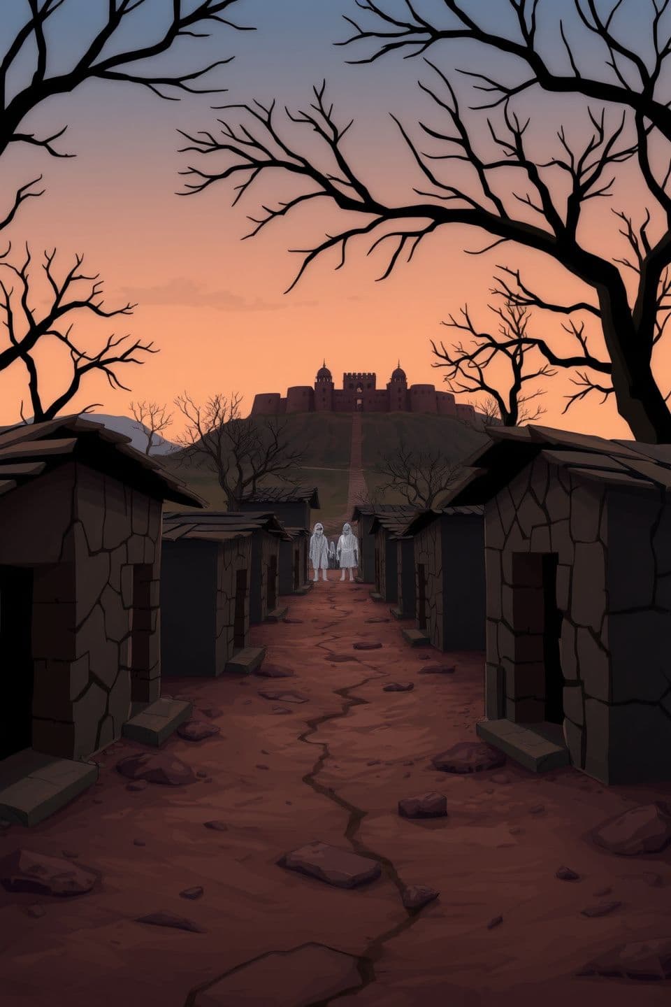 AI generated: A cartoon animation style scene of an abandoned village near Bhangarh Fort at dusk, small broken houses with cracked walls, empty doorways, dry trees without leaves, narrow pathway