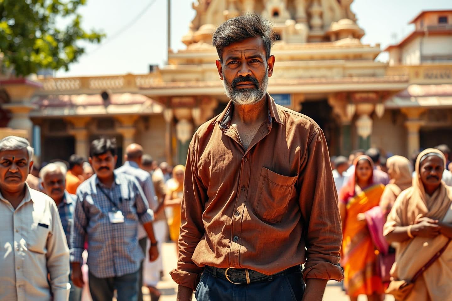 AI generated: 4K HDR, 16:9, bright sunlight; Vinod, a 40-year-old wheatish-skinned man wearing a slightly faded brown full-sleeve shirt and dark blue worn pants, short beard, tired but steady ey