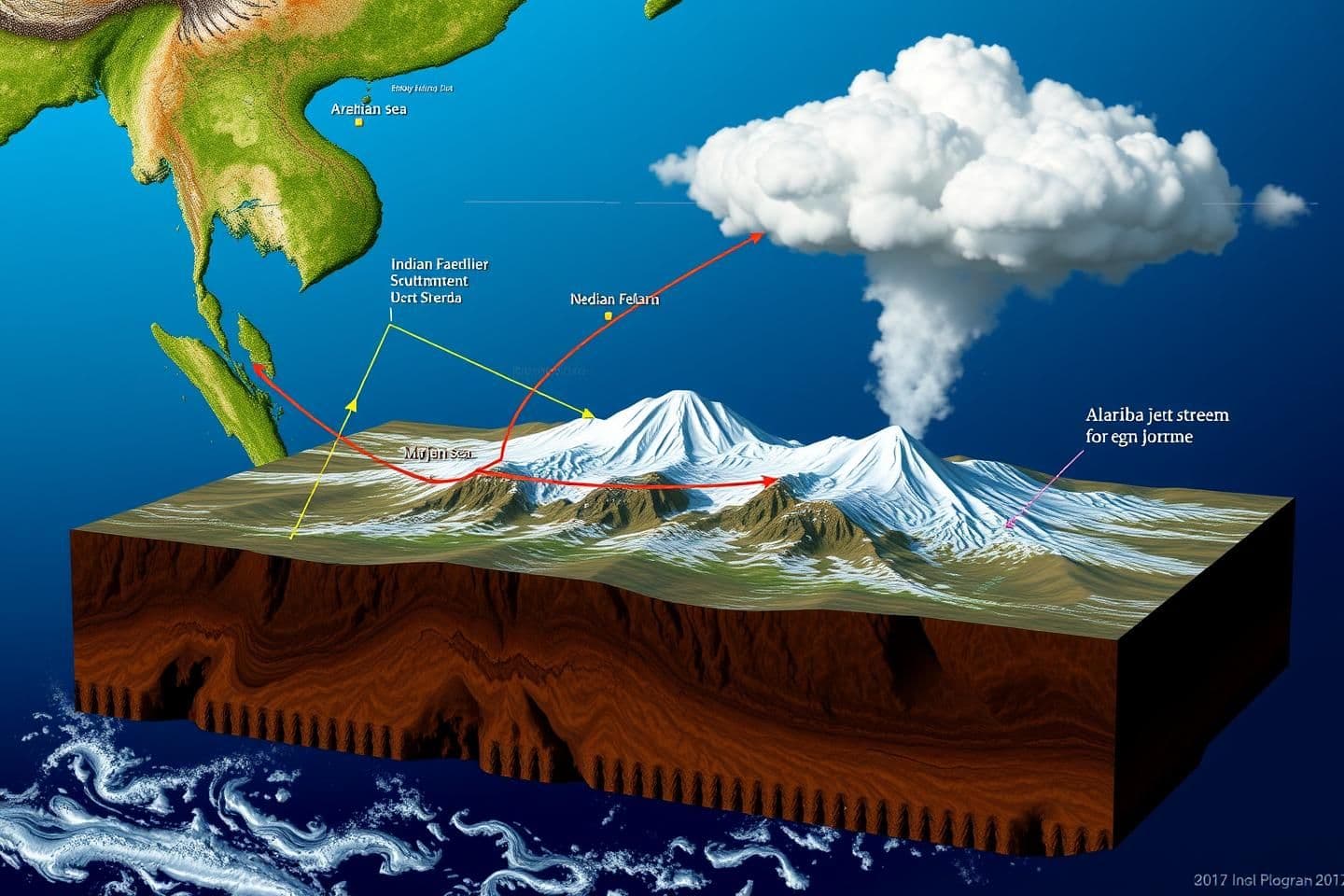 AI generated: Create an accurate image in form of a diagram for a geography project showing indian southwest monsoon coming from the Arabian sea colliding with indian southeast monsoon coming fr