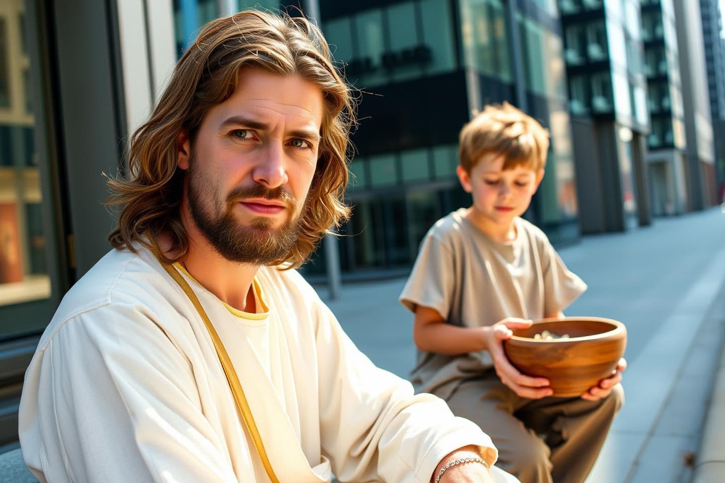 AI generated: Jesus (Same in All Scenes)
White male
Age 30–35
Light skin
Shoulder-length light brown wavy hair
Short neat brown beard
Soft gentle eyes
Calm warm expression
White robe wit