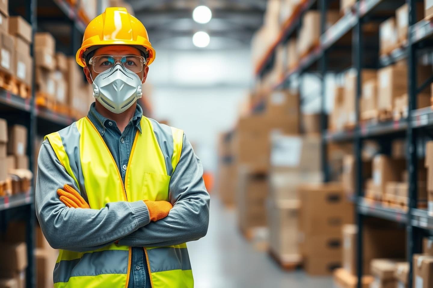 AI generated: Create a high‑resolution, photo‑realistic 16:9 image of a warehouse worker focused on safety. The worker is standing in a clean, modern warehouse aisle with shelves and boxes softl