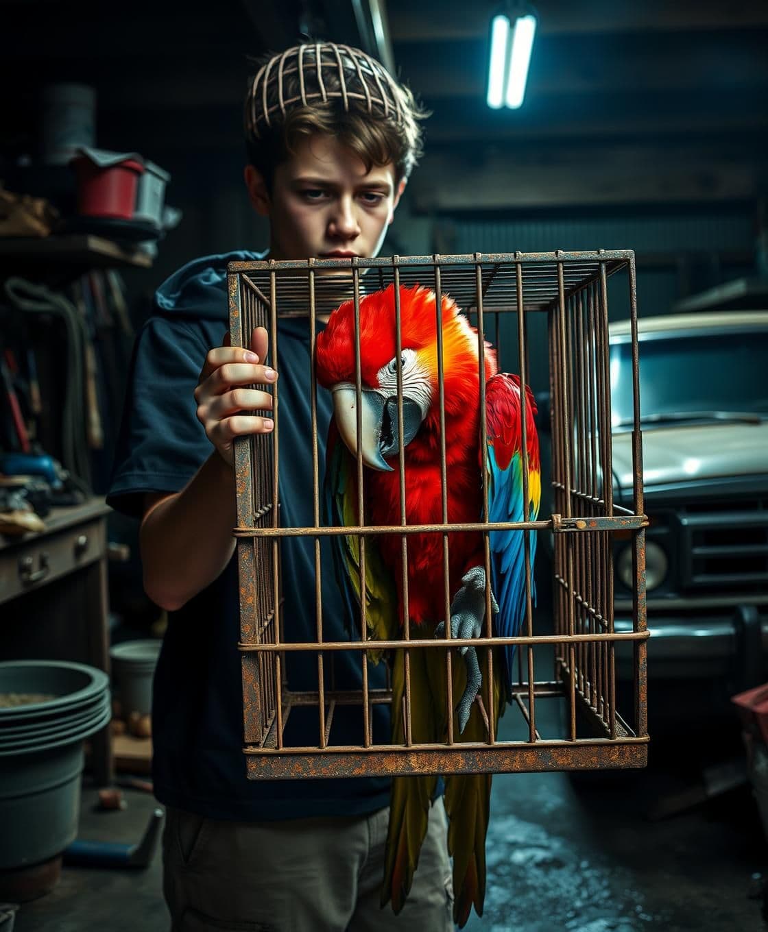 AI generated: The teenage boy coldly placing the terrified, enormous scarlet macaw into a small rusty cage, her brilliant feathers pressed against the bars, his face emotionless, set in a dark m