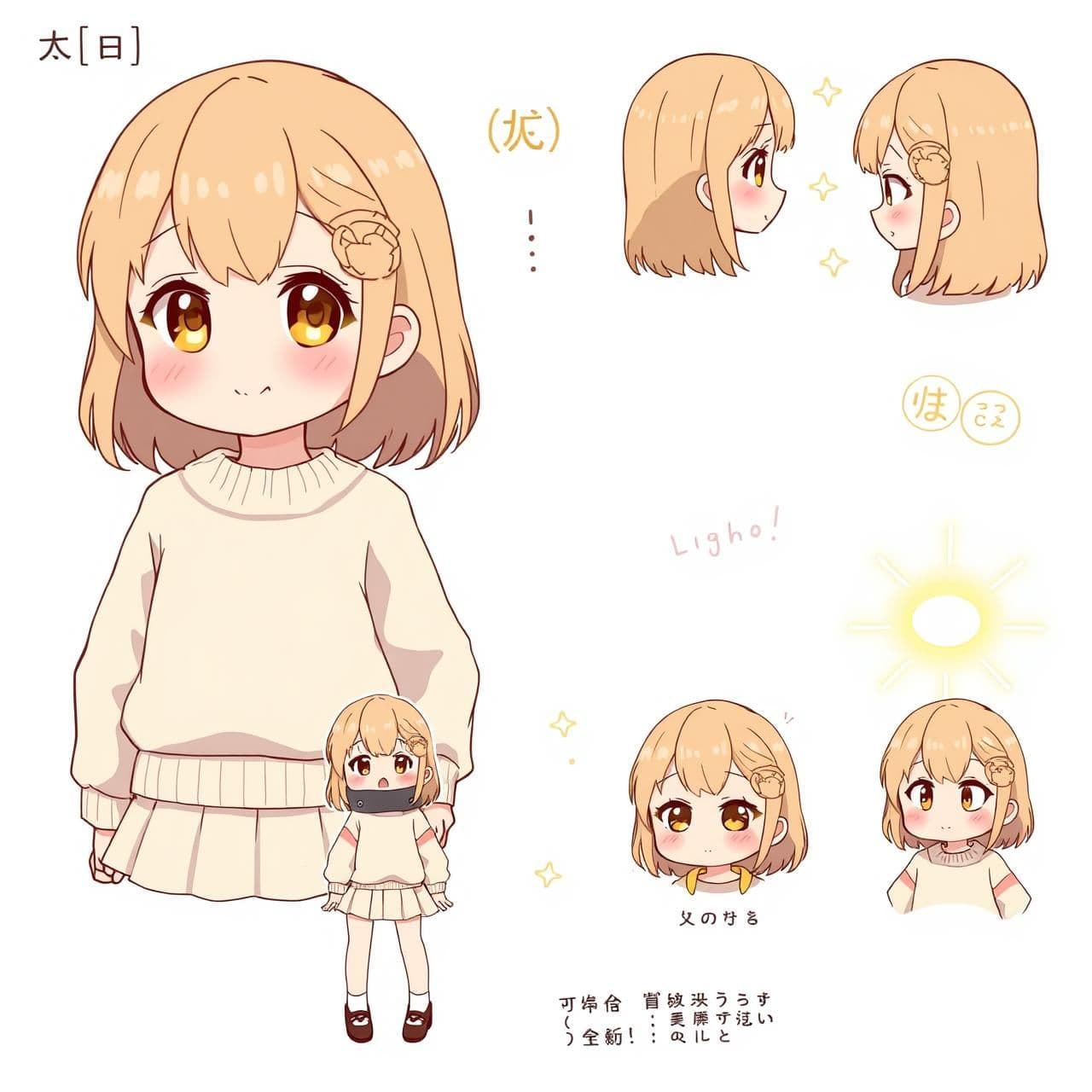 AI generated: Anime character sheet of a cute teenage girl with soft features.
Medium-length light brown hair, big warm eyes, innocent smile.
Outfit: pastel sweater, short pleated skirt, small