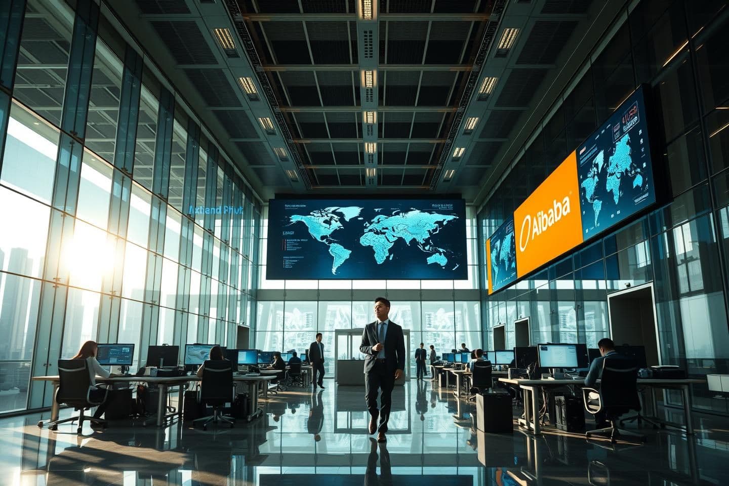 AI generated:
Prompt:
"A grand modern office of Alibaba headquarters, with sleek glass walls, busy employees working on computers, large digital screens displaying global data, Jack Ma walking