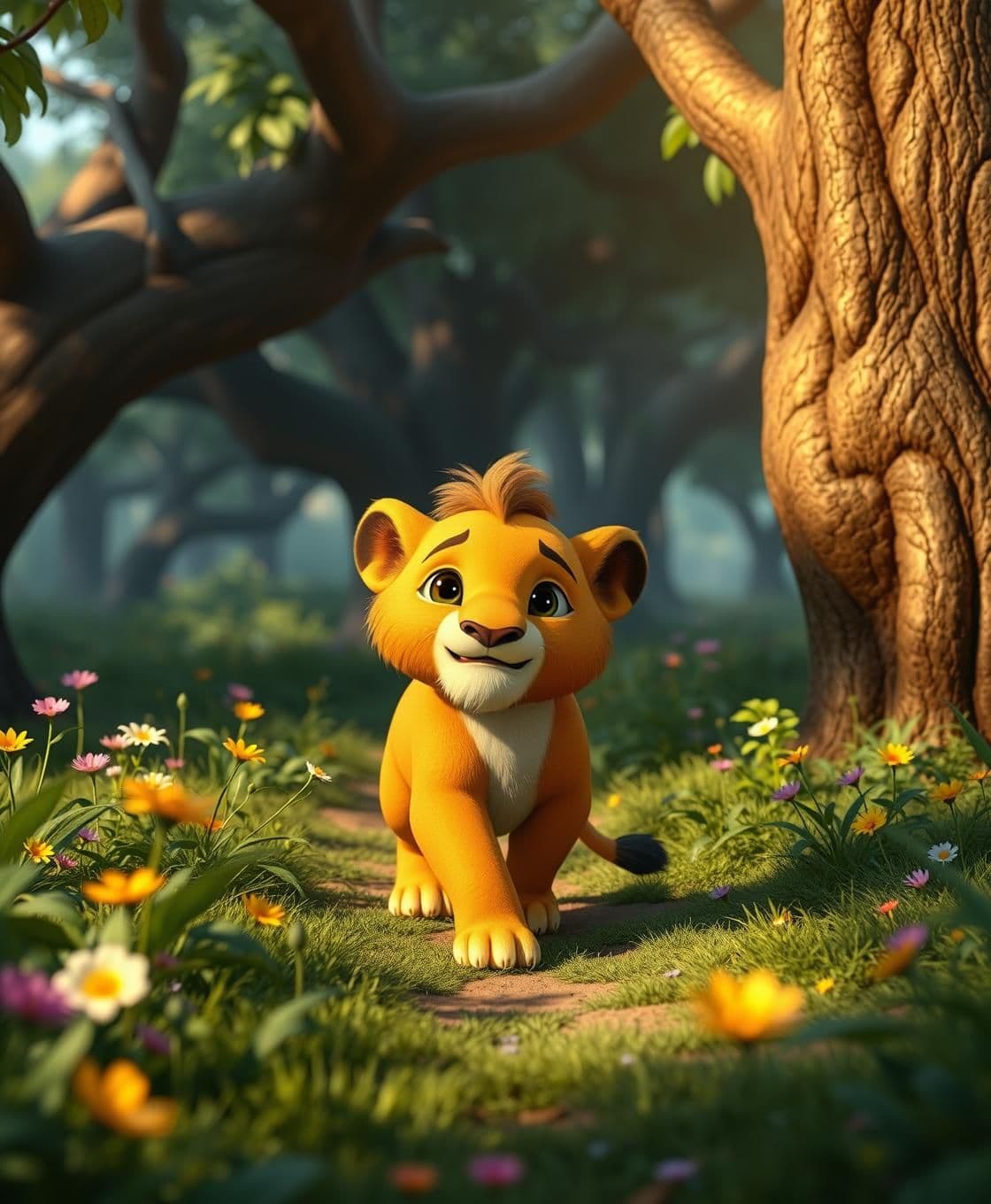 AI generated: IMPORTANT: Generate with all text in Tamil script only. Honey in the pot 🍯 add cinematic and cool A little lion is walking through a dense forest. The lion always has a smile on h