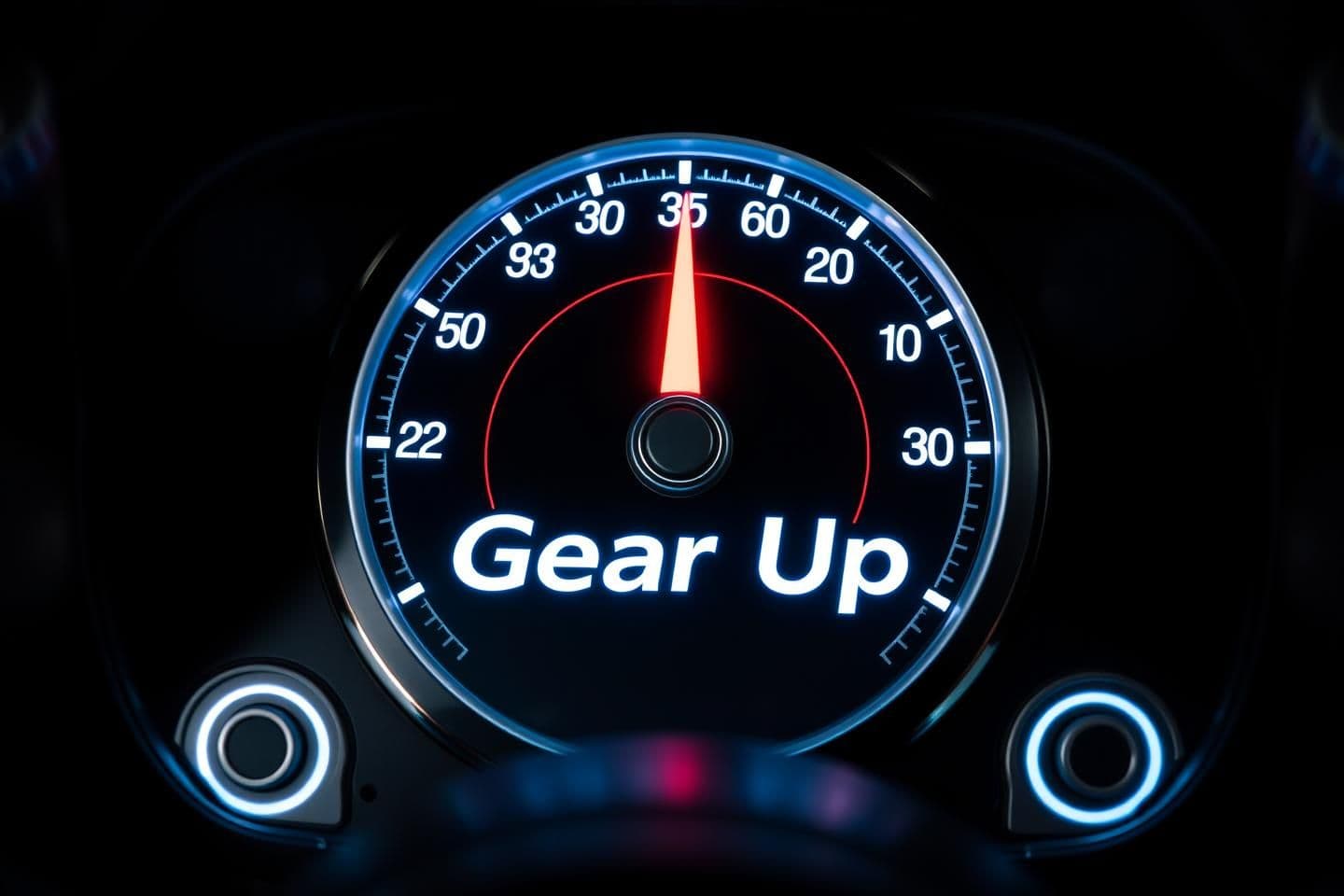 AI generated: A stylized speedometer/tachometer dial set against a dark dashboard-like background. The design features metallic accents and illuminated markings in white and cool blue. A bright