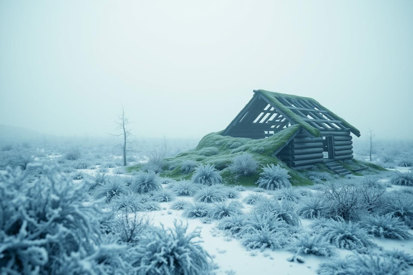 AI generated: A highly stylized 3D render of a remote, overgrown structure half-sunken into northern wilderness, its collapsed roof barely visible under moss and frost, with no characters presen