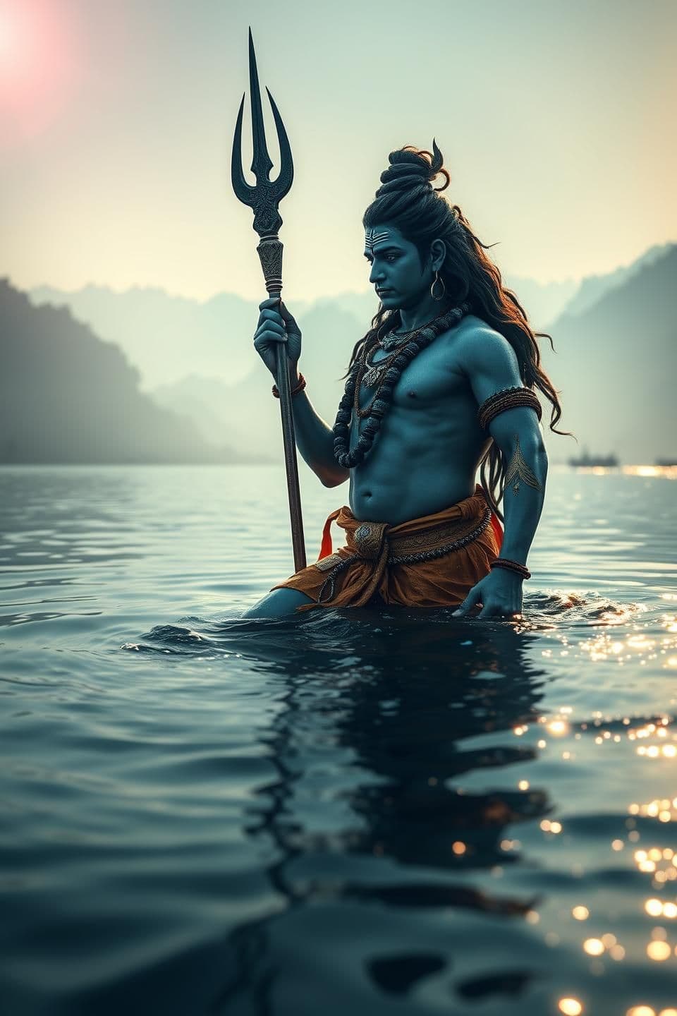 AI generated: Lord Shiva standing dynamically in the River Ganga — one leg forward, half body above water and half below, holding the Trishul diagonally so that its head just touches the water s