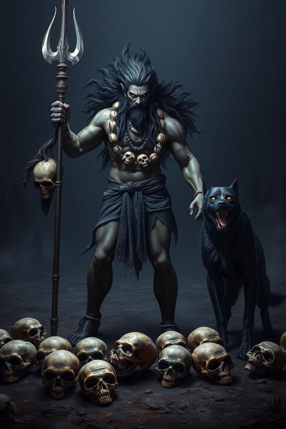 AI generated: photorealisticCentral Figure: A muscular, dark-skinned male figure with long, dark, flowing hair. His eyes are glowing white. He wears a garland of skulls and a dark lower garment.