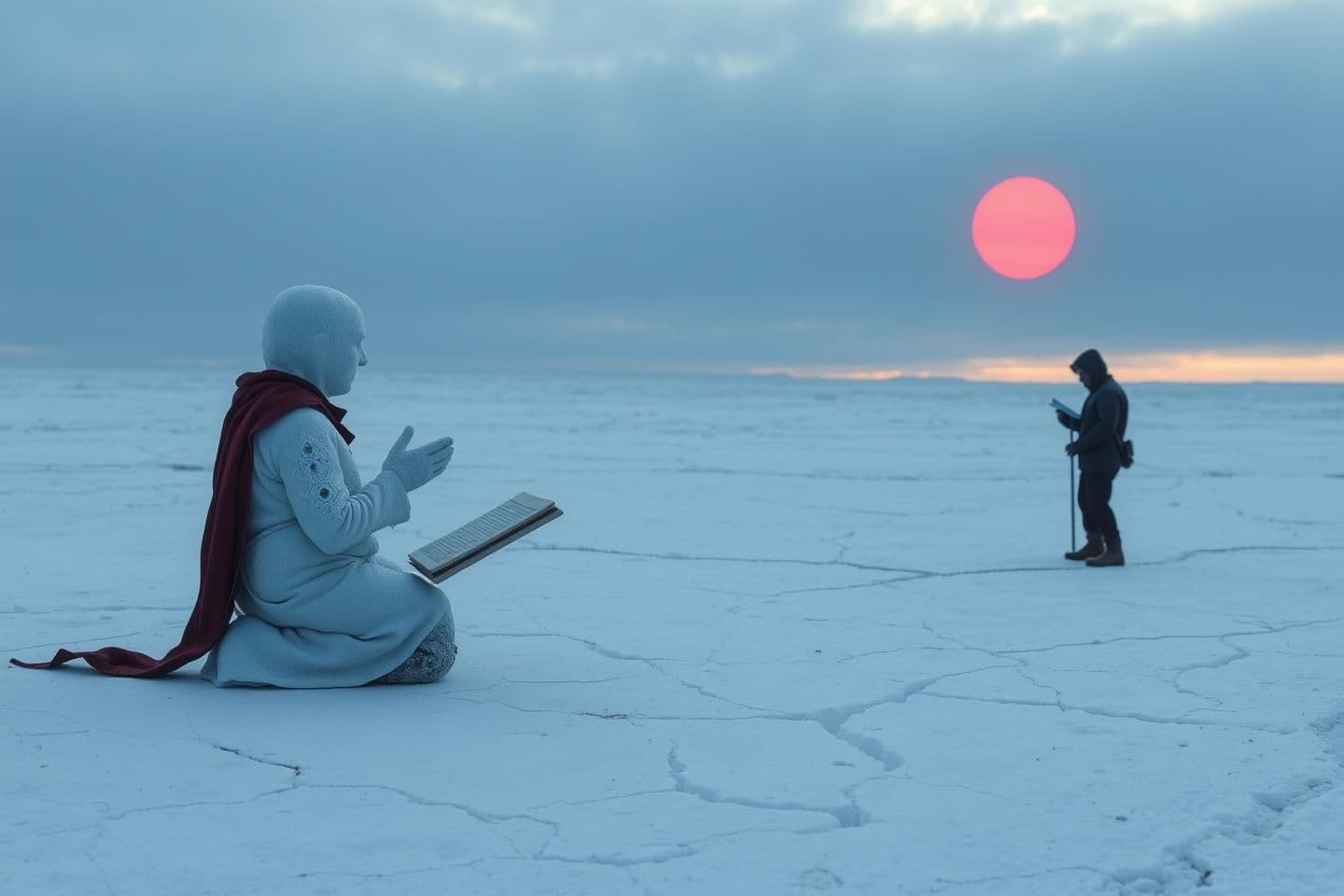 AI generated: Ascetic Snowman kneeling in prayer on icy wasteland under a red sun symbol, ancient scripture frozen beneath cracked ice, Klein observing with notebook cautiously, heat meeting fro