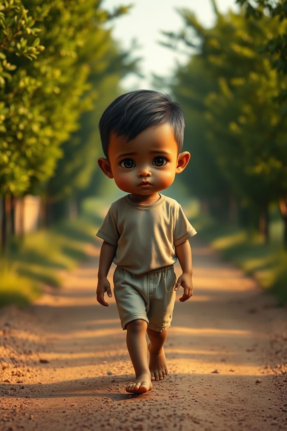 AI generated: A hyper-realistic stylized scene of a small child with an exaggerated large head and a slightly mature face, walking barefoot on a dusty village road. The child is wearing simple