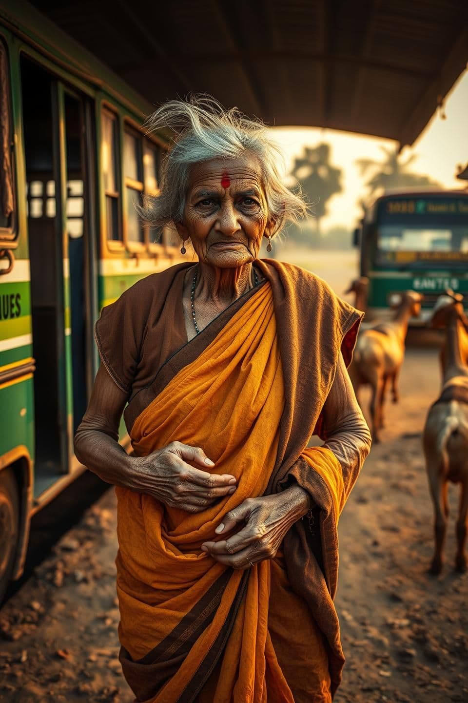 AI generated: “An elderly Indian village woman with thin silver hair, wrinkled hands, wearing a faded mustard saree with a brown shawl, standing stubbornly at a dusty rural bus stop. She angrily