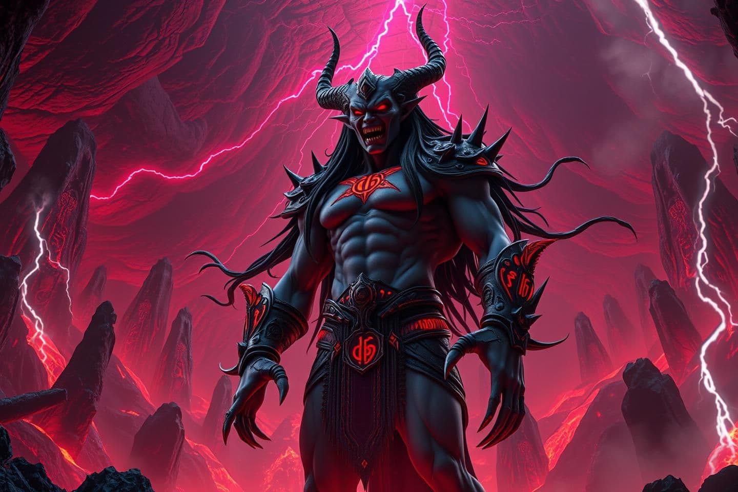 AI generated: Hyper-Unreal 8K cinematic mythological scene, Asura Kritrim standing dominantly in the depths of Patal-lok, massive cavernous underground landscape with jagged black stone pillars