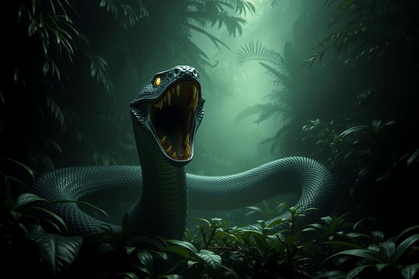 AI generated: Dense dark jungle filled with thick green plants and fog. A full-length dangerous snake completely visible from head to tail, positioned in the jungle. The snake has its mouth wide