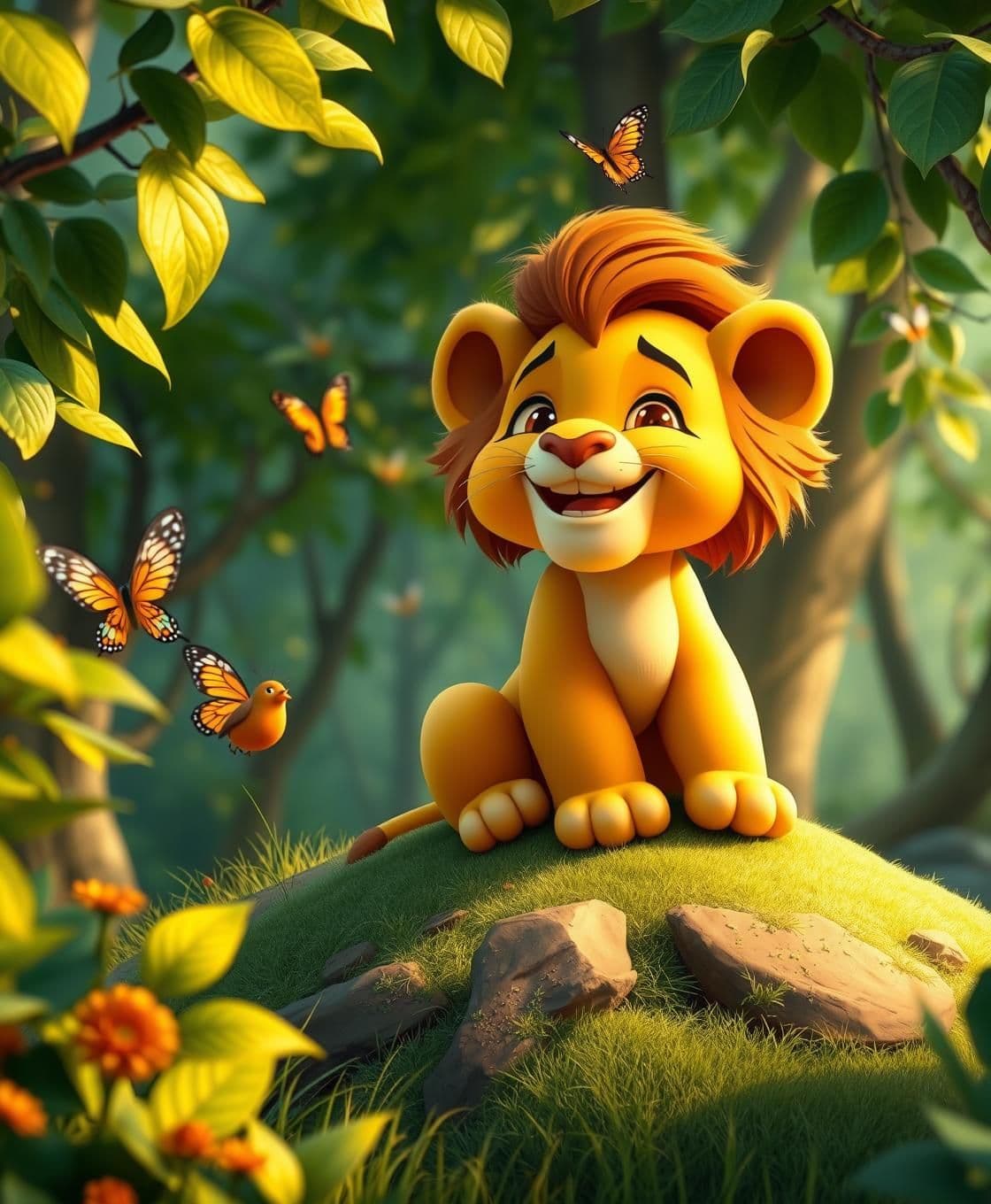 AI generated: IMPORTANT: Generate with all text in Tamil script only. Honey in the pot 🍯 add cinematic and cool A little lion sits on a hill, smiling brightly at something. His childlike eyes a