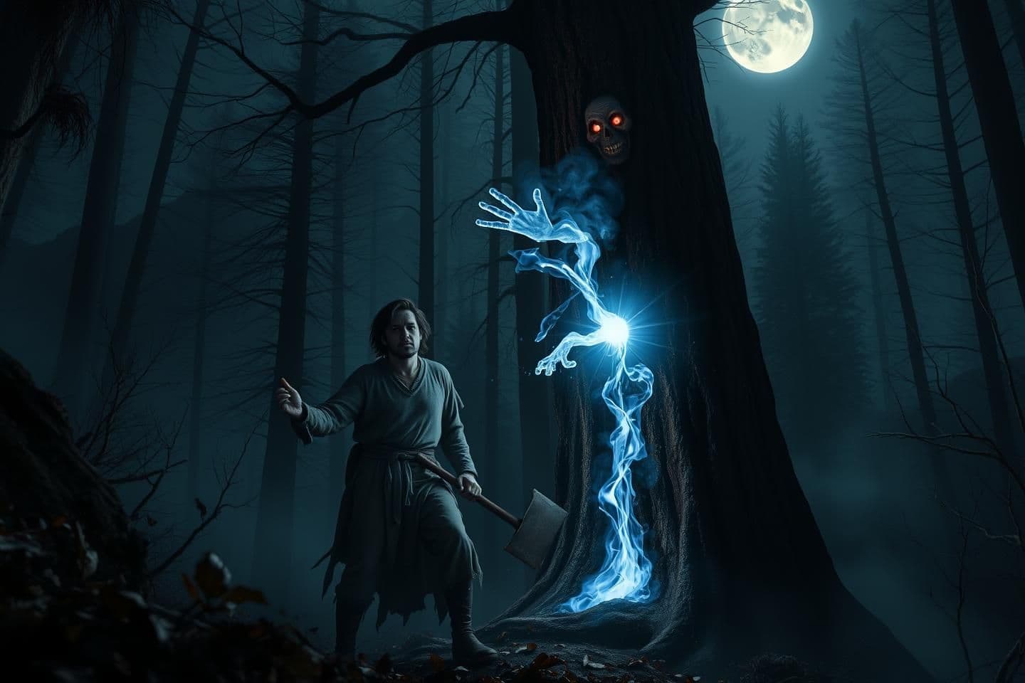 AI generated: A dark haunted forest at night inside deep mountains, dim moonlight passing through fog. A poor woodcutter wearing torn simple clothes holds an axe, looking terrified. Behind him s