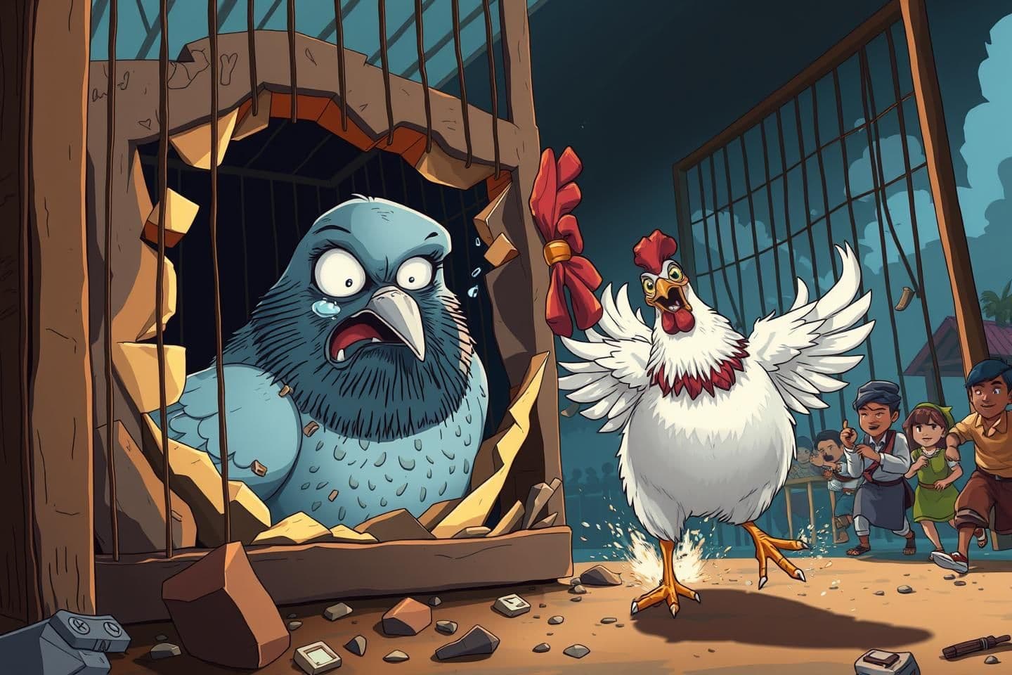 AI generated: A huge giant pigeon sitting inside a broken cage, tears flowing from its eyes, a big heroic chicken smashing the cage door open with dramatic force, both escaping and running toget