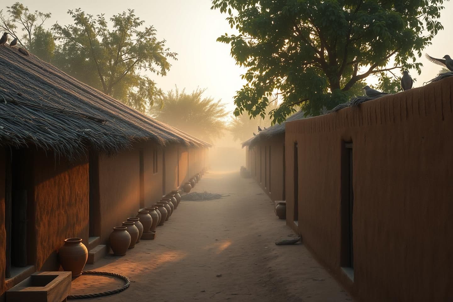 AI generated: "Peaceful early morning in an Indian rural village, soft golden sunlight, mud houses with thatched roofs, light mist in the air, clay pots near the walls, wooden charpai, narrow du