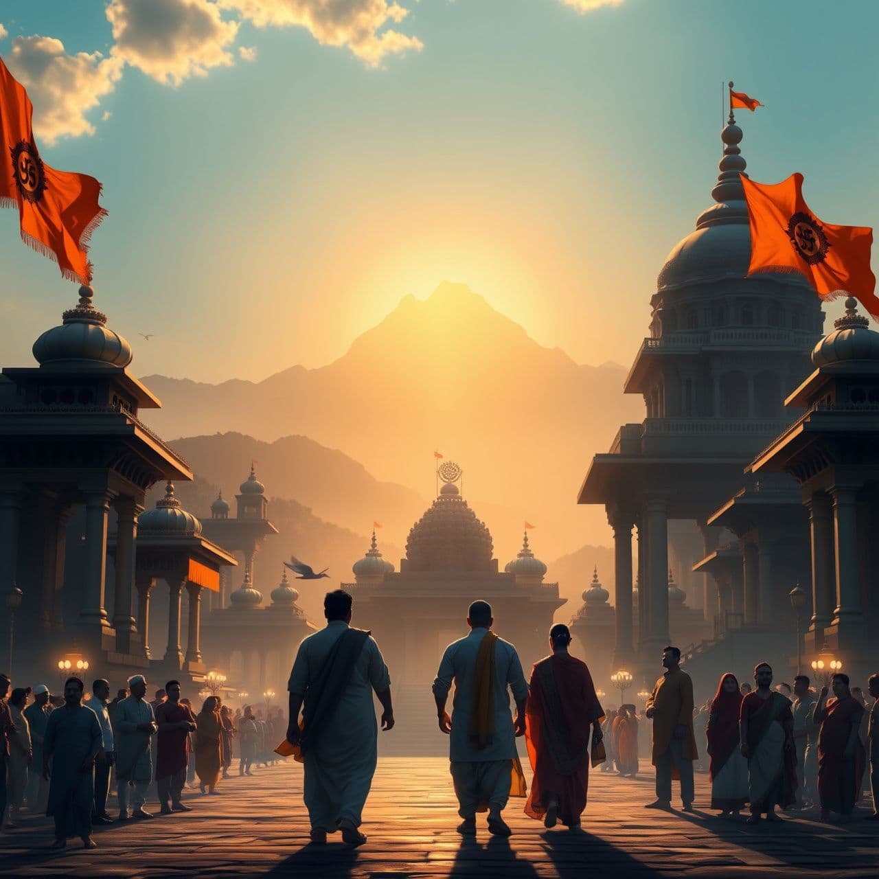 AI generated: A majestic artistic illustration representing Hindu Rashtra, showing ancient Indian temples, saffron flags gently waving, sacred symbols like Om and lotus, the Himalayas in the bac
