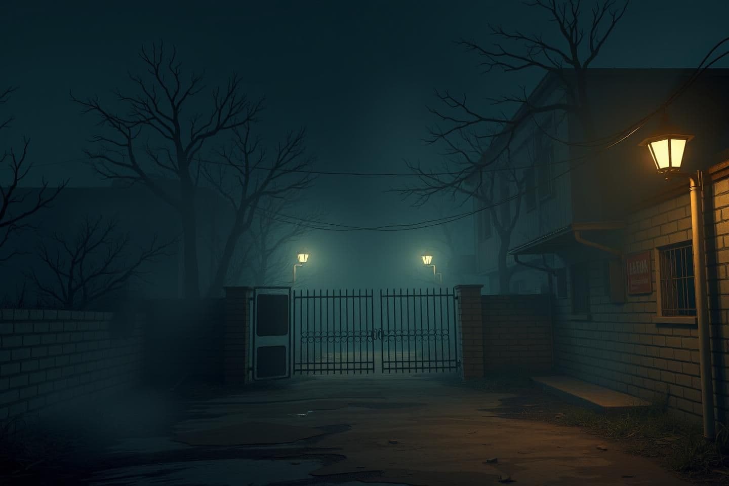 AI generated: IMPORTANT: Generate with all text in Hindi script only. Old girls hostel at night, broken streetlights, fog spreading, darkness near the gate, creepy atmosphere, no people, 16:9 ci