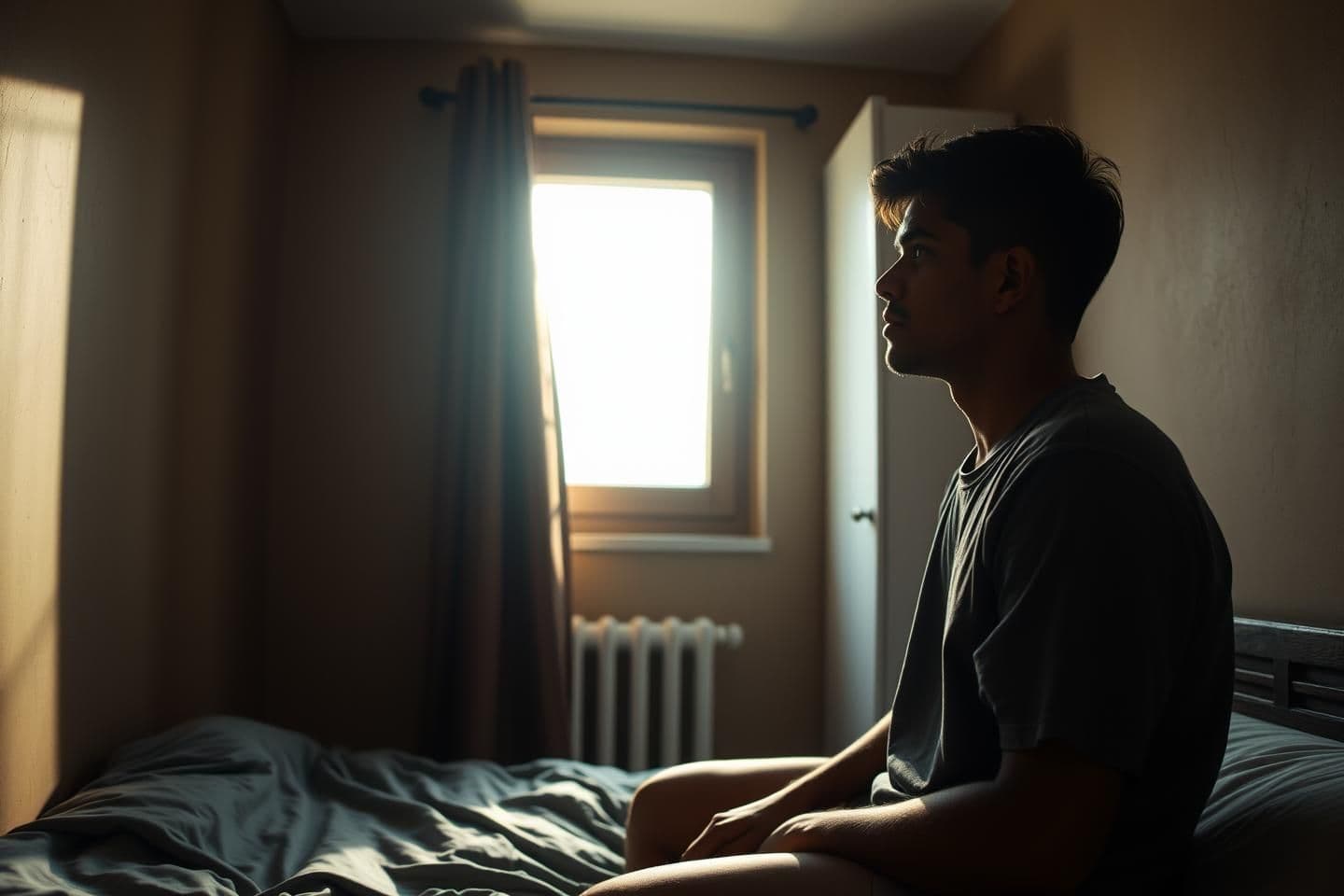 AI generated: A young Indian man (mid-20s, medium build, brown skin, short black hair) waking up early morning in a small dark room, sitting on bed, looking at mirror with determination, sunligh