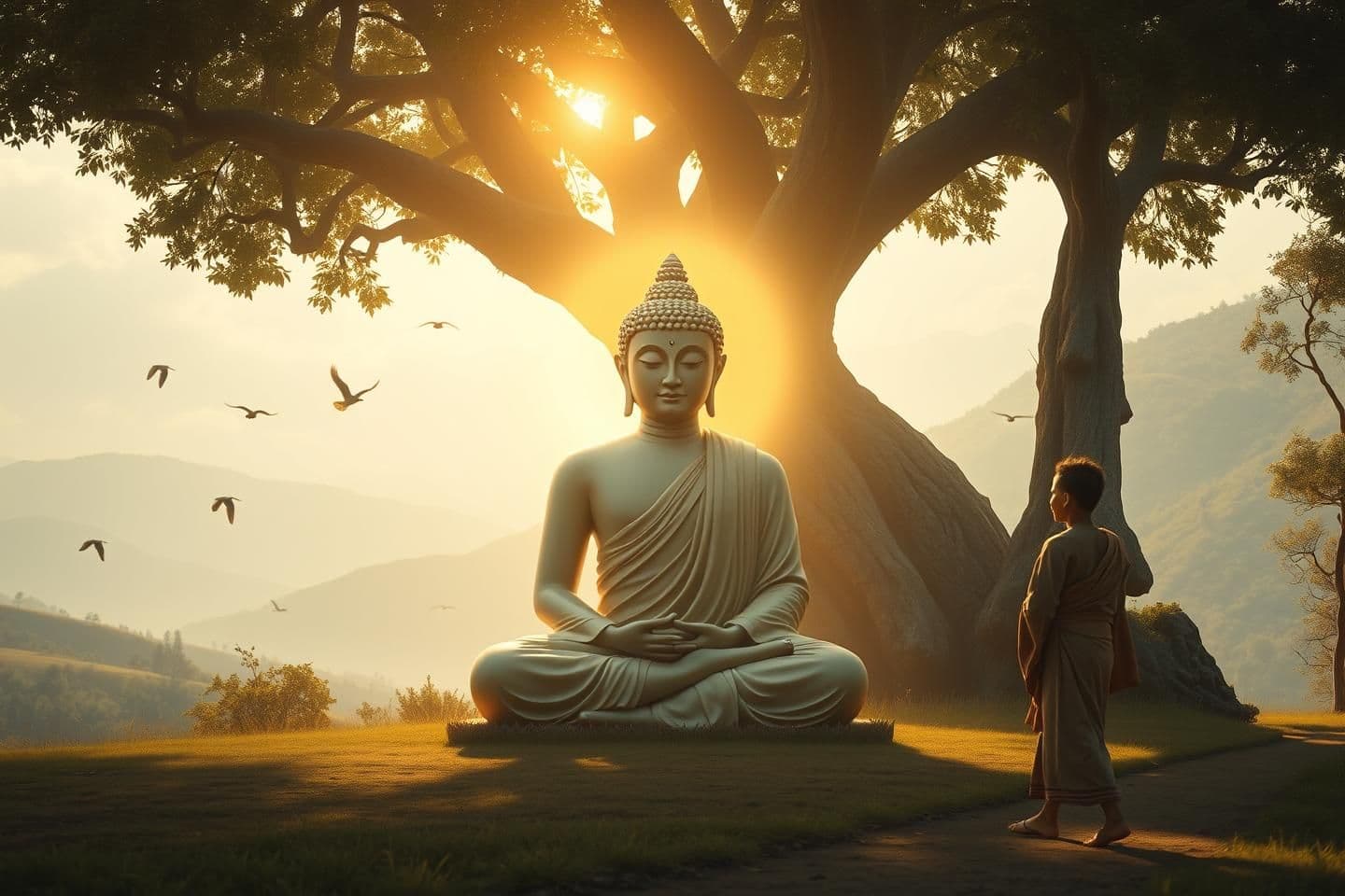 AI generated: A serene scene of Gautama Buddha sitting beneath a large Bodhi-tree-like tree near a quiet valley, soft golden aura around him, calm face, natural surroundings, birds flying, the y
