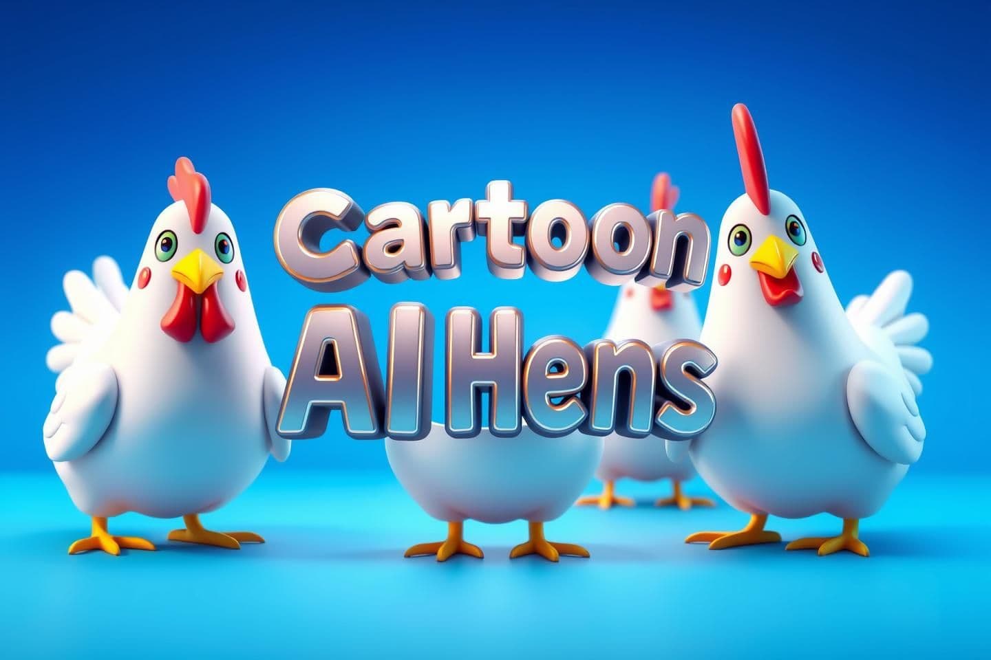 AI generated: Create a 1280×720 YouTube thumbnail in 3D cartoon style. Bright blue background, vibrant lighting. Show cute 3D cartoon hens with slight futuristic AI details (glowing lines, soft