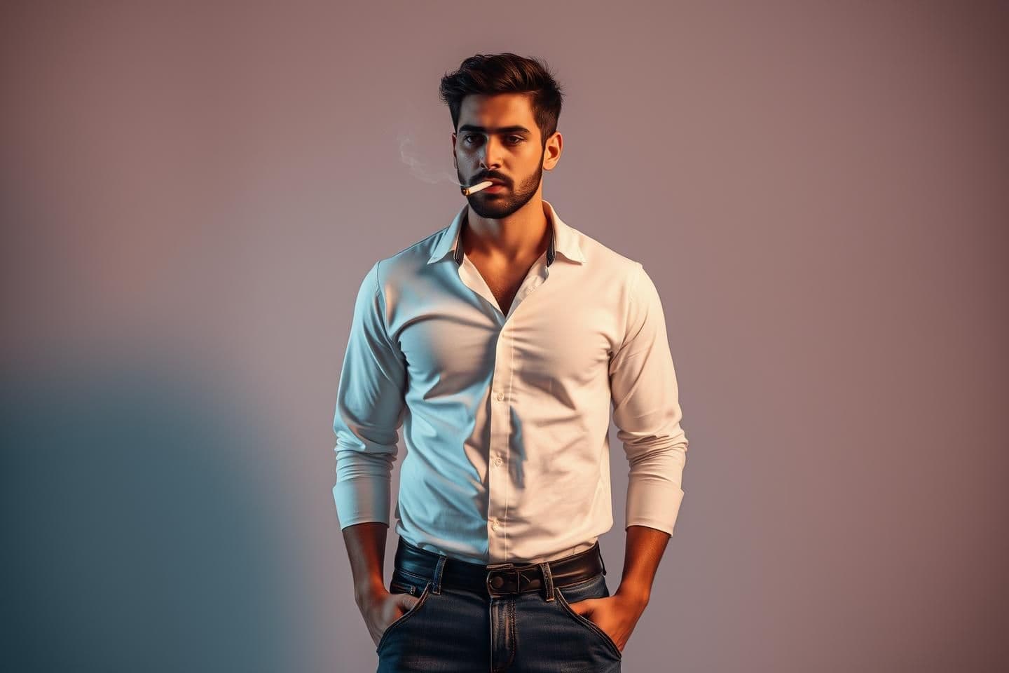 AI generated: "Full-body PNG of a 28-year-old man standing casually, smoking a cigarette. Thin smoke rising around his face. He is wearing a modern casual outfit — fitted shirt, jeans, and sneak