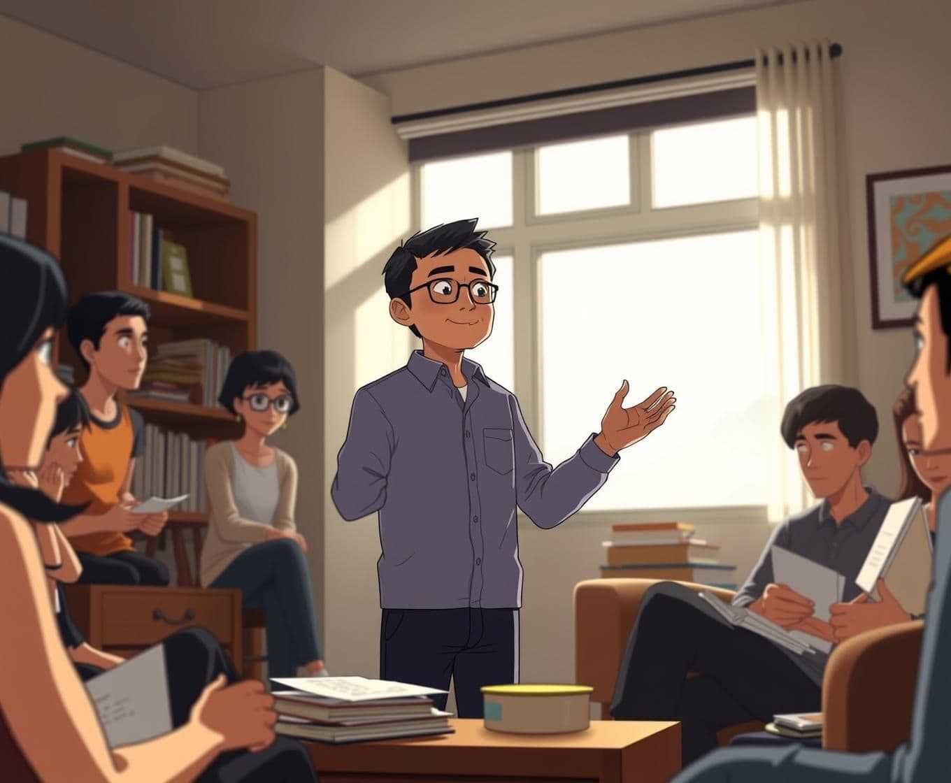 AI generated:
Prompt:
“animeted-style visual of Jack Ma standing confidently in his small Seattle apartment, passionately addressing 18 friends about starting a company to compete with Amazon a